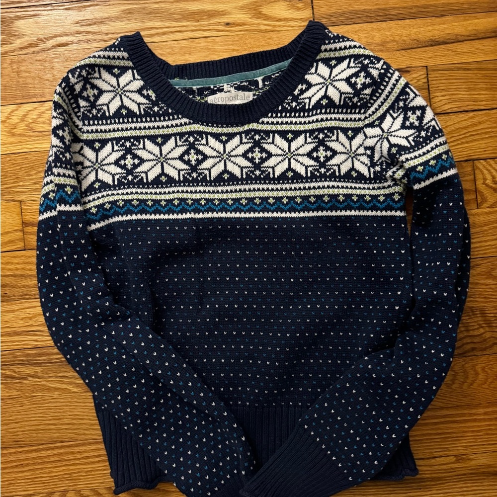 Aeropostale Navy Blue and White Snowflake Sweater
